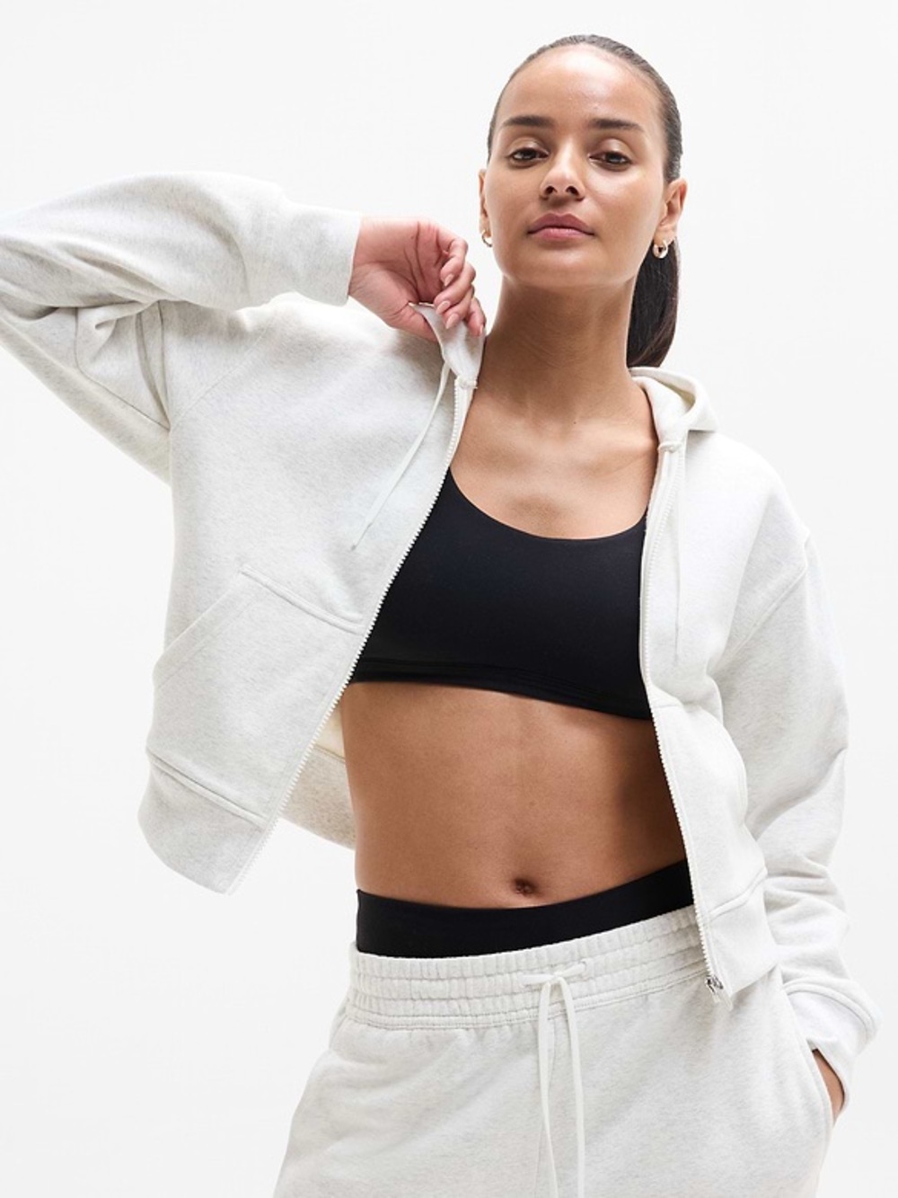Athleta Forever Fleece Full Zip Sweatshirt Fog Grey Heather